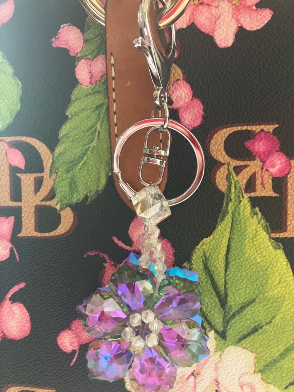 Purple Crystal flower with silver hardware bag charm